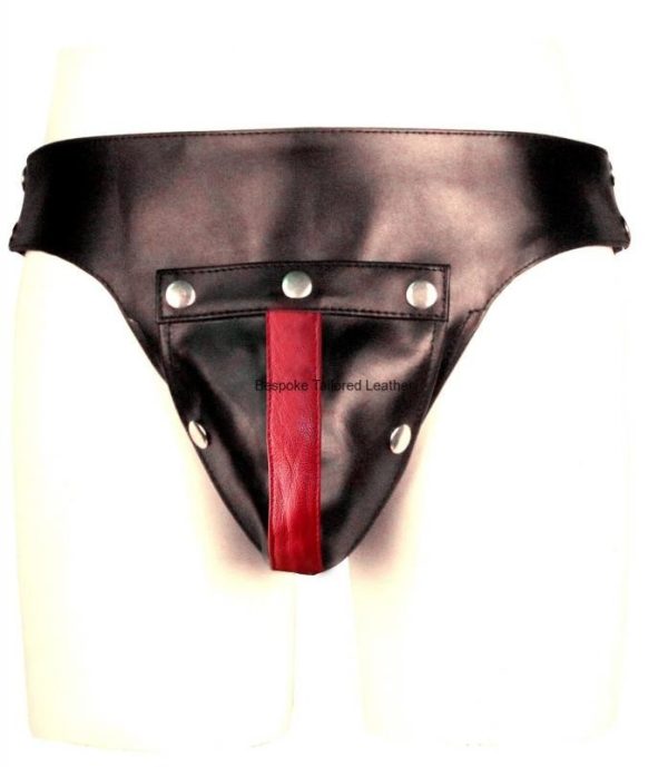 Men's Black Leather Jockstrap Detachable Pouch with Red Colour Stripe (Custom Made to Order)