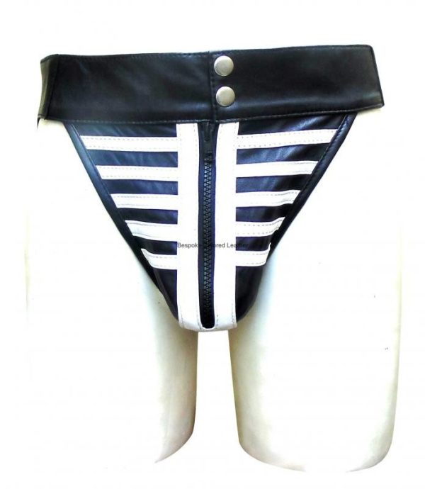 Men's Black & White Leather Jockstrap with Skeleton Style Stripe at the Front