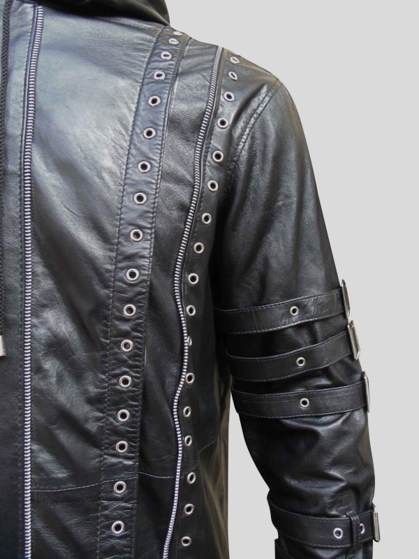 Men's Real Leather Jacket Style Shirt with Studs & Hood