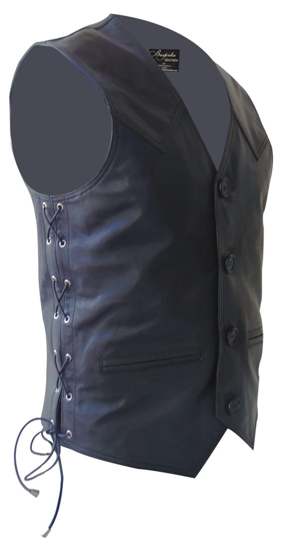 Leather Vest Coat Hunter Style with Two Front Pockets and Ties on Side