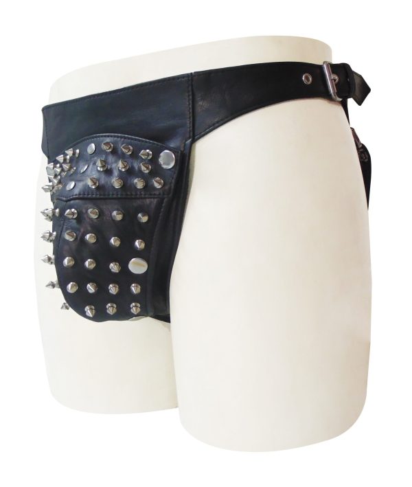 Black Leather Jockstrap with Detachable Pouch with Studded and Adjustable with Elastic (Custom Made to Order)