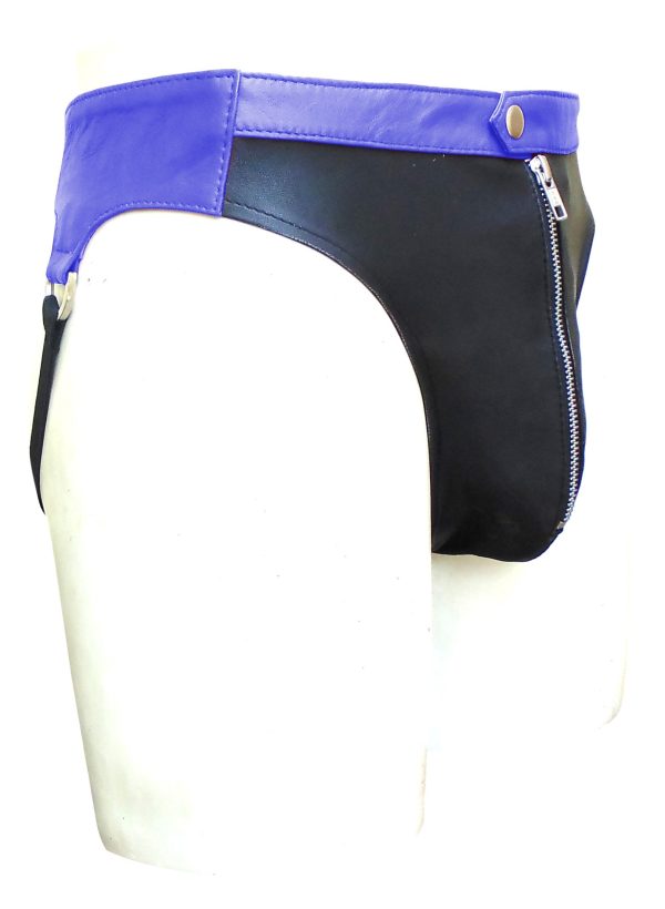 Black Leather Jocks Strap With Blue Waistband (Custom Made to Order)