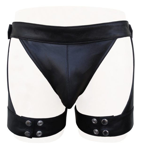 Black Leather Thong with Adjustable Thigh Belt with Button (Custom Made to Order)